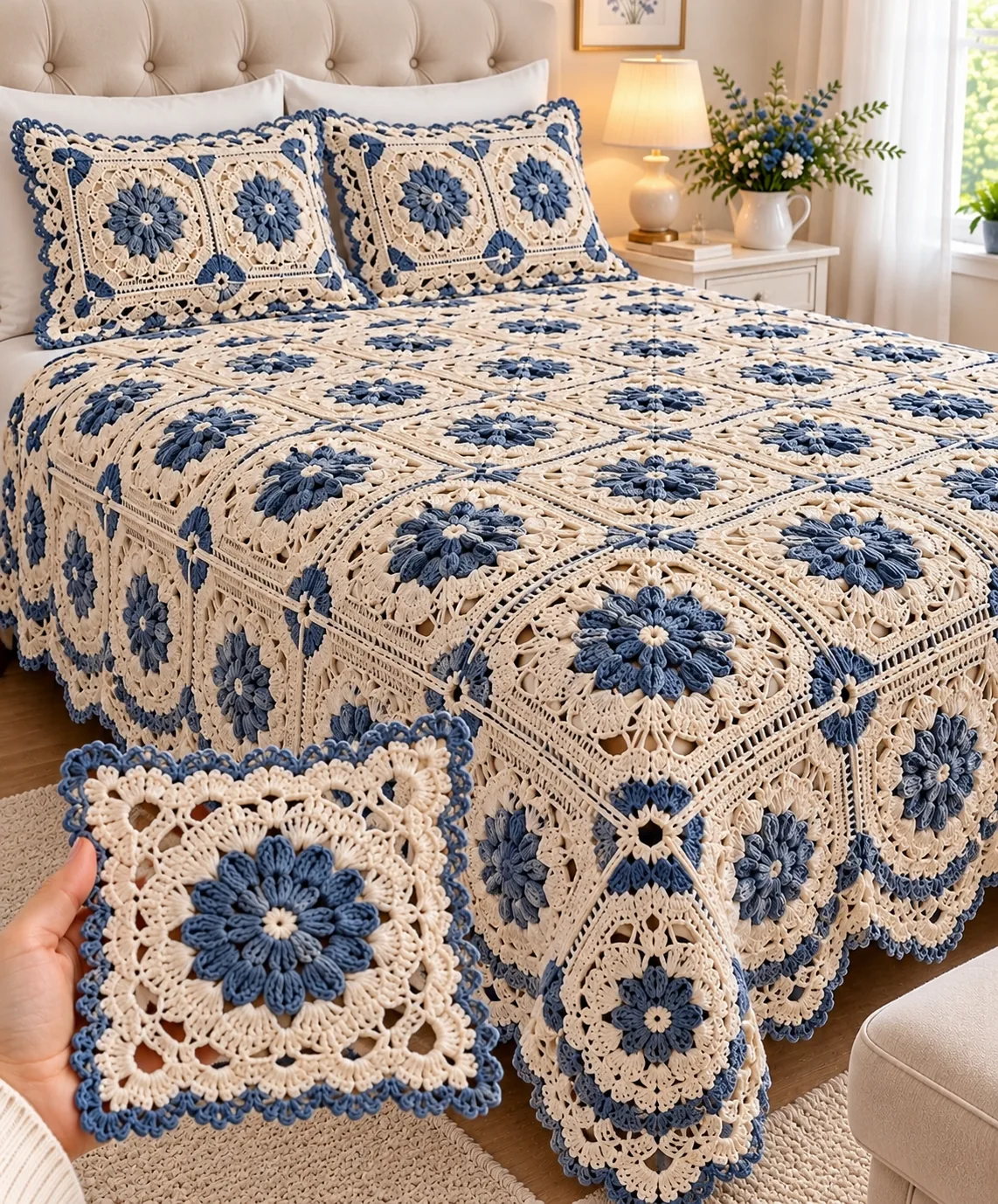 Navy Flower and Cream Lace Bedspread in navy, slate blue and cream