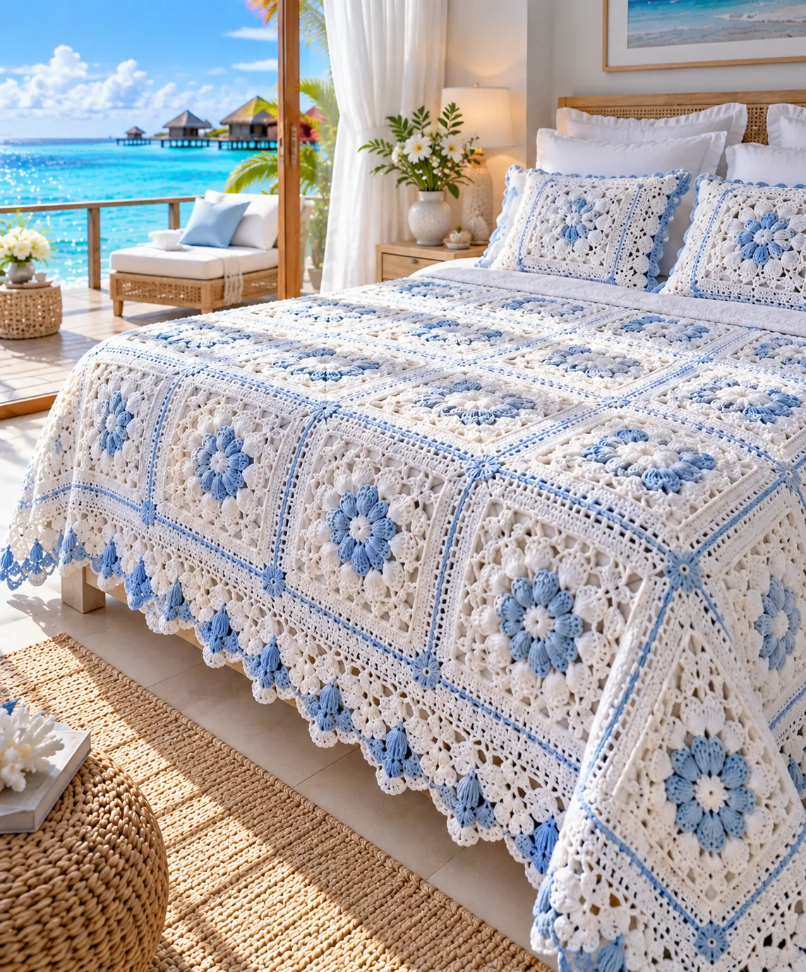 Blue and White Coastal Flower Bedspread in pale blue, denim and white
