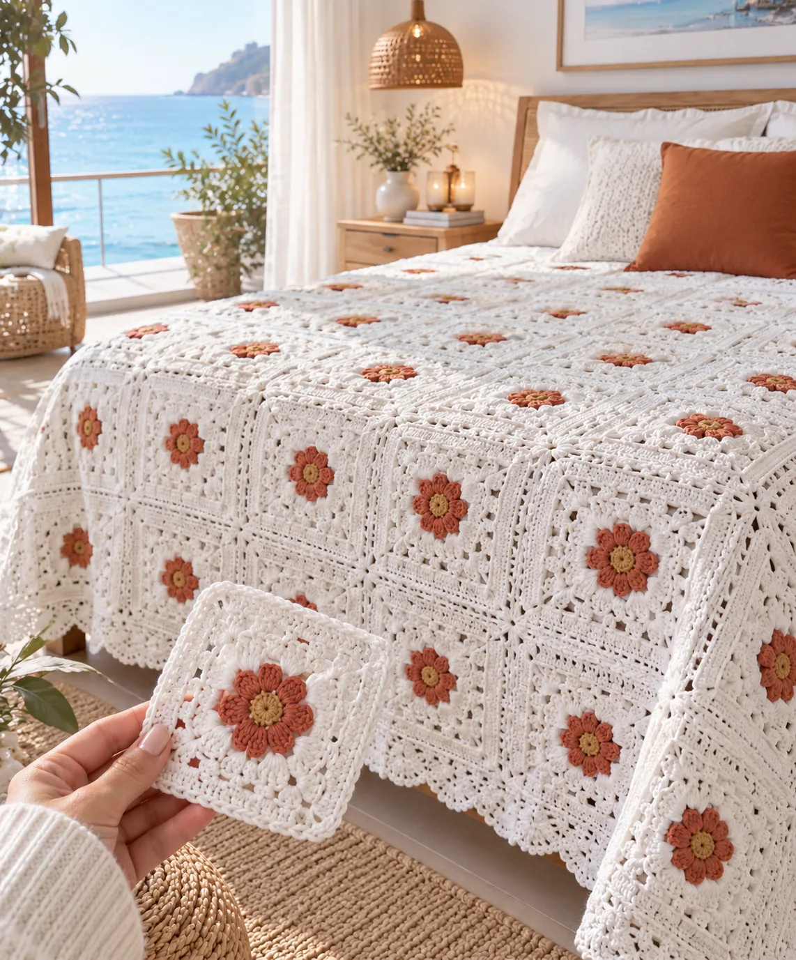 Terracotta Daisy and Ivory Bedspread in terracotta, gold and ivory