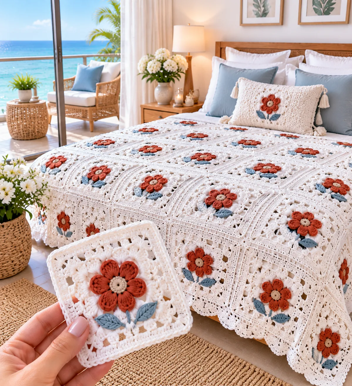 Rust Flower Squares with Blue Accents in rust, gold, blue and ivory
