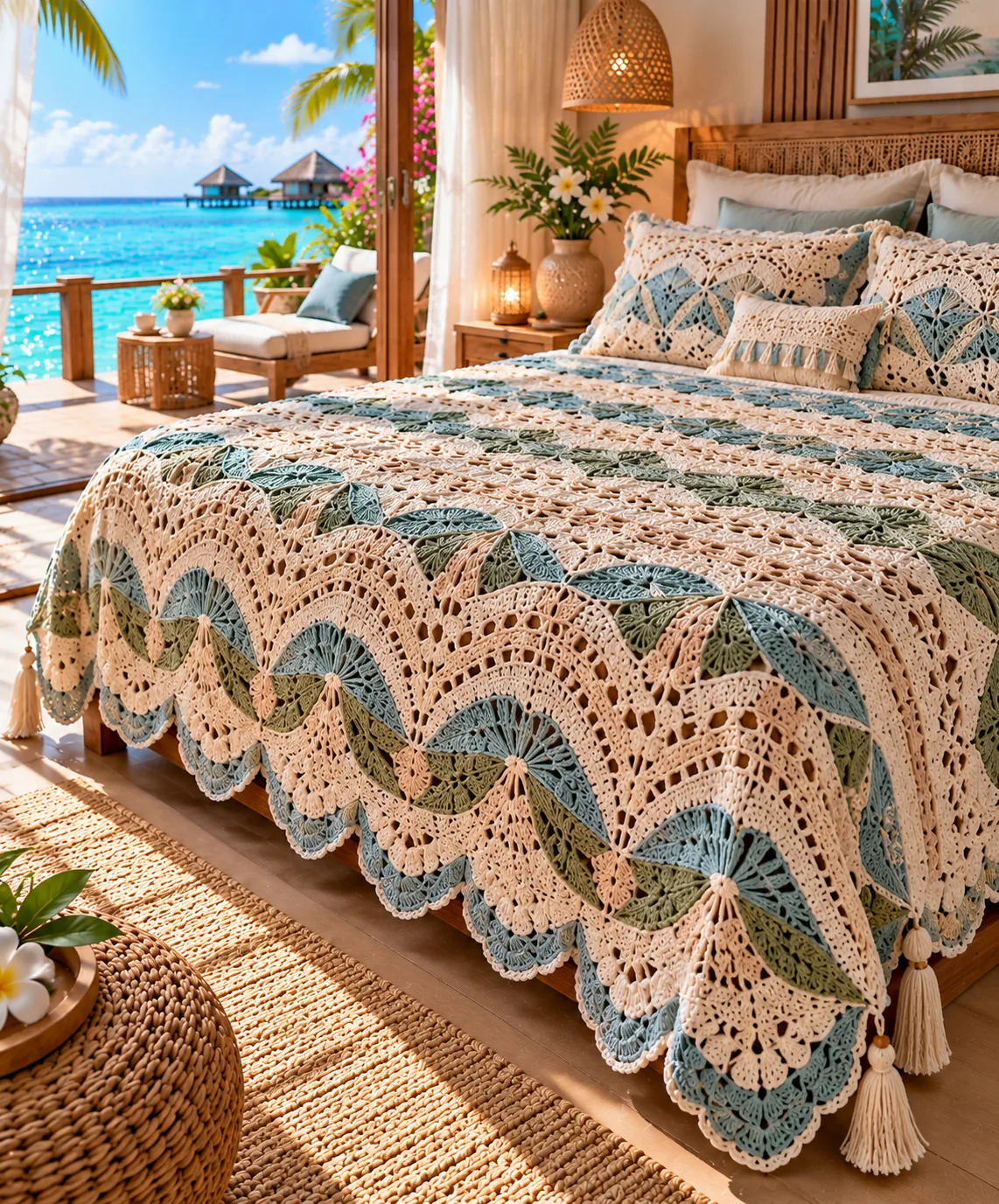 Sage and Peach Ripple Bedspread in sage, peach and cream