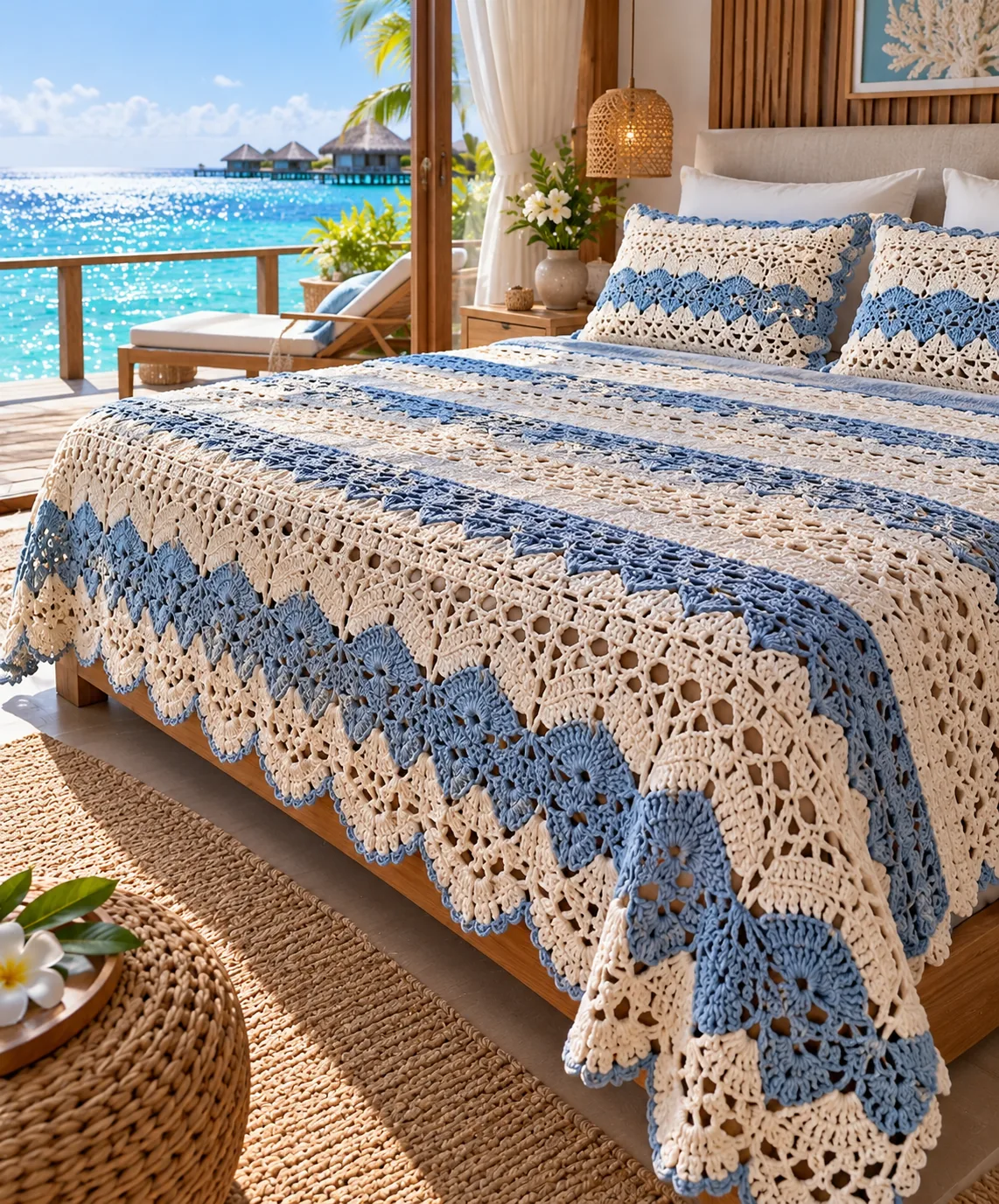 Blue and Cream Ripple Bedspread in blue and cream