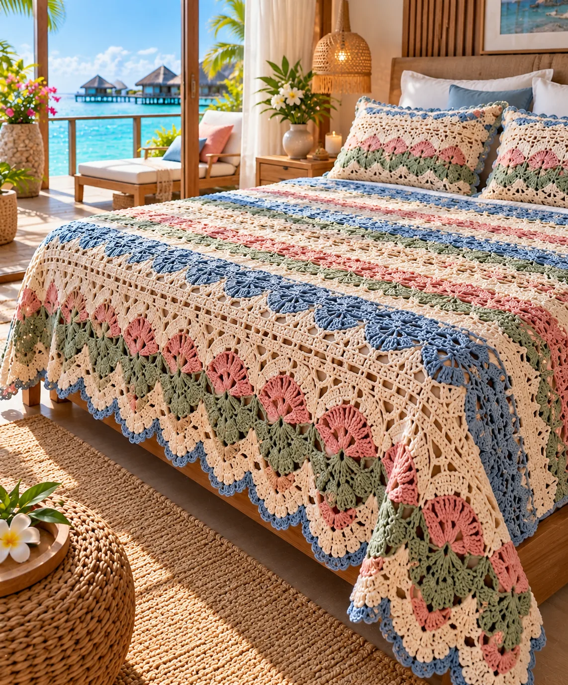 Pastel Garden Ripple Bedspread in pink, sage, blue and cream