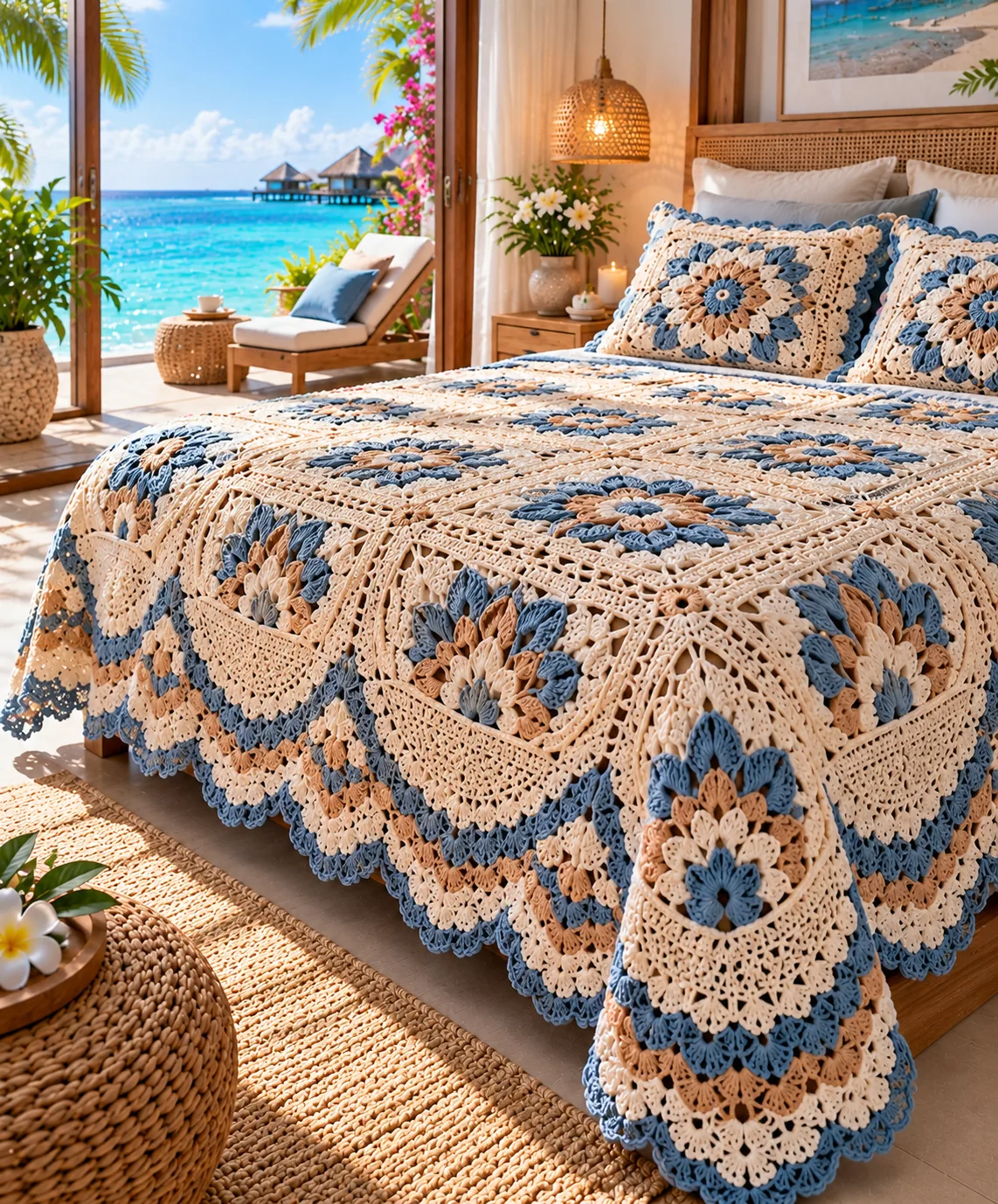 Blue Floral Hexagon Bedspread in blue, gold and cream