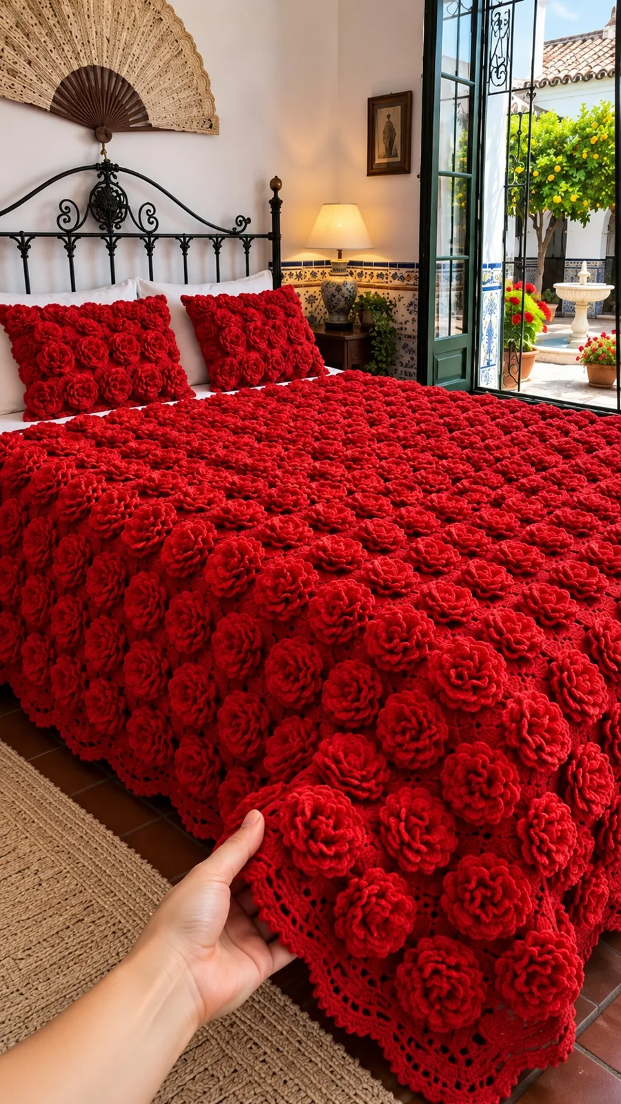 Crimson Raised-Rose Bedspread in crimson and dark red