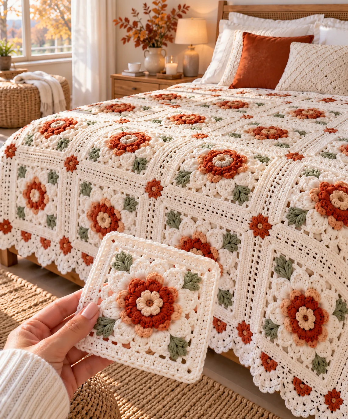 Autumn Daisy Granny Bedspread in rust, gold, sage and cream