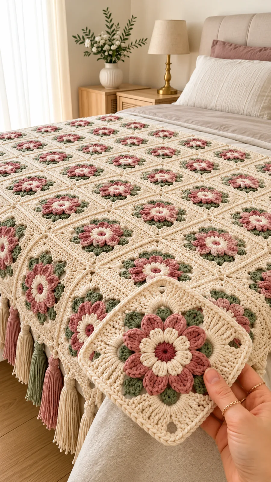 Dusty Pink and Sage Floral Bedspread in dusty pink, sage and cream