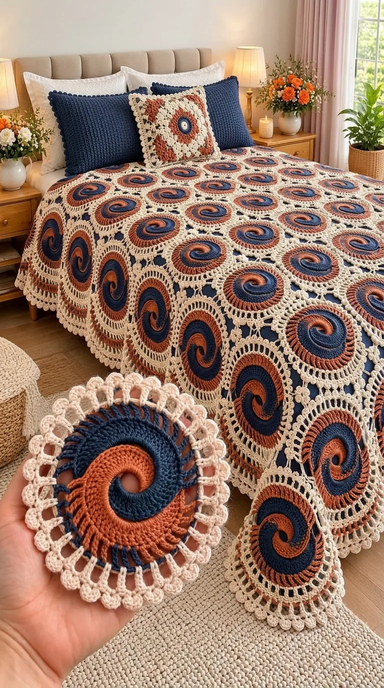 Navy and Rust Spiral Medallion Bedspread in navy, rust, gold and cream