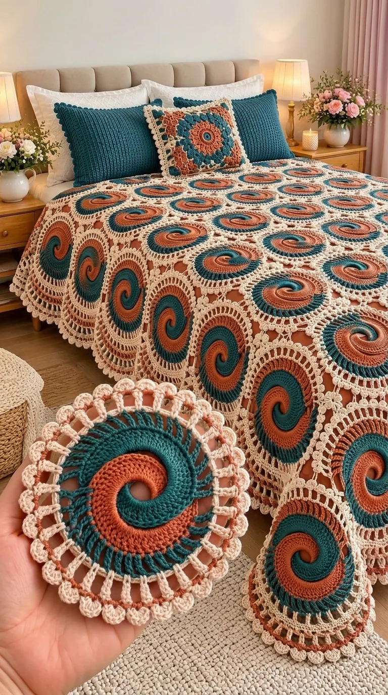 Teal and Rust Spiral Medallion Bedspread in teal, rust, gold and cream