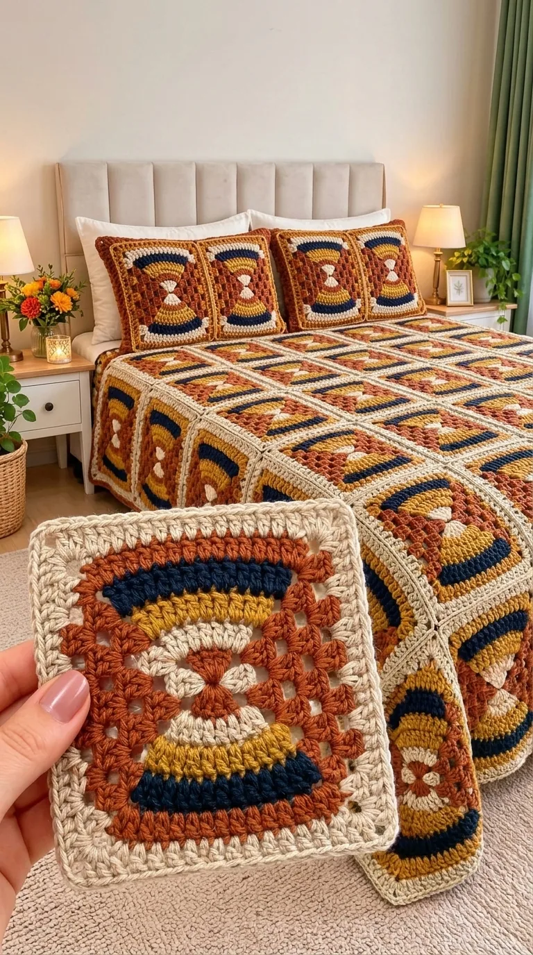 Autumn Hourglass-Square Bedspread in navy, rust, mustard and cream