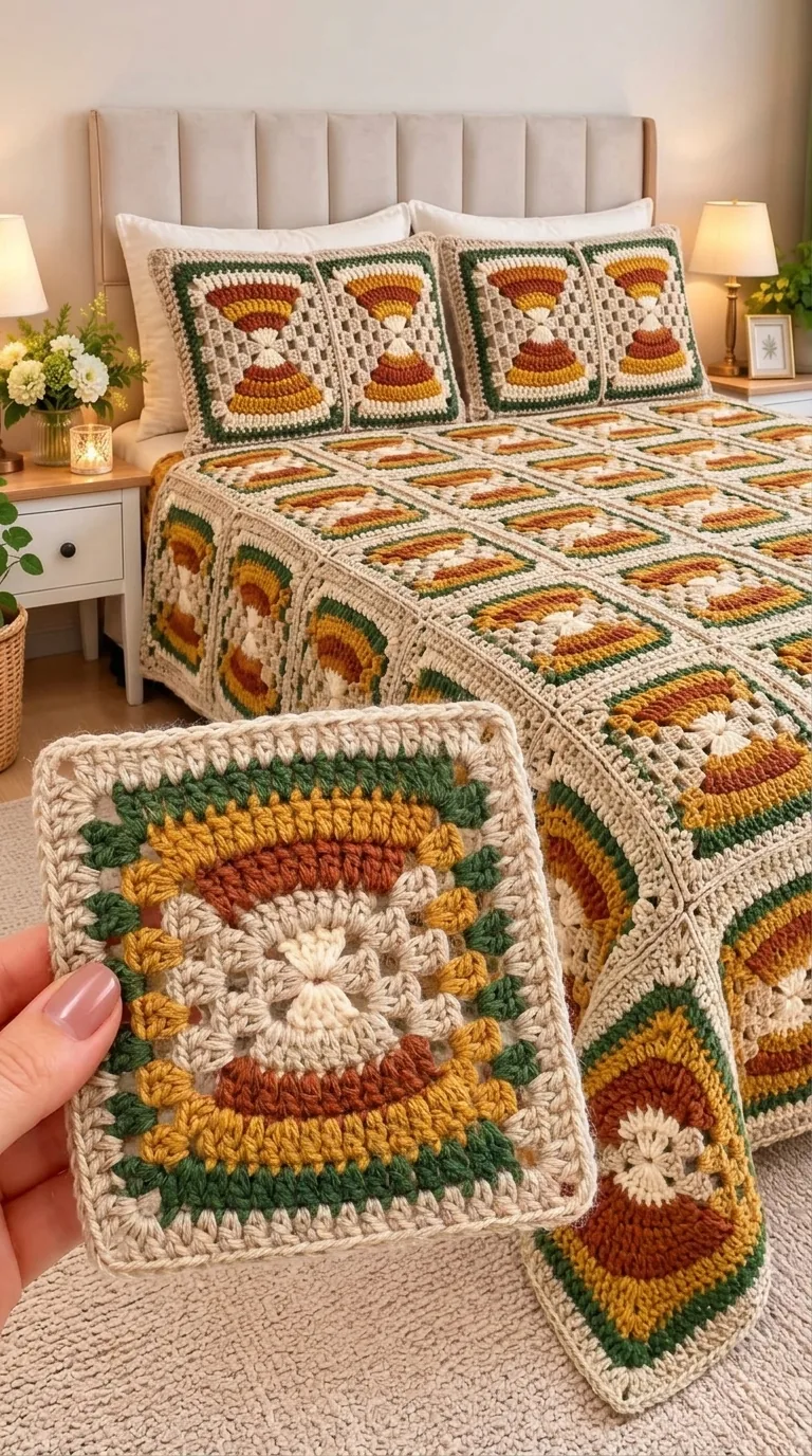 Sage and Rust Hourglass-Square Bedspread in sage, rust, mustard and cream