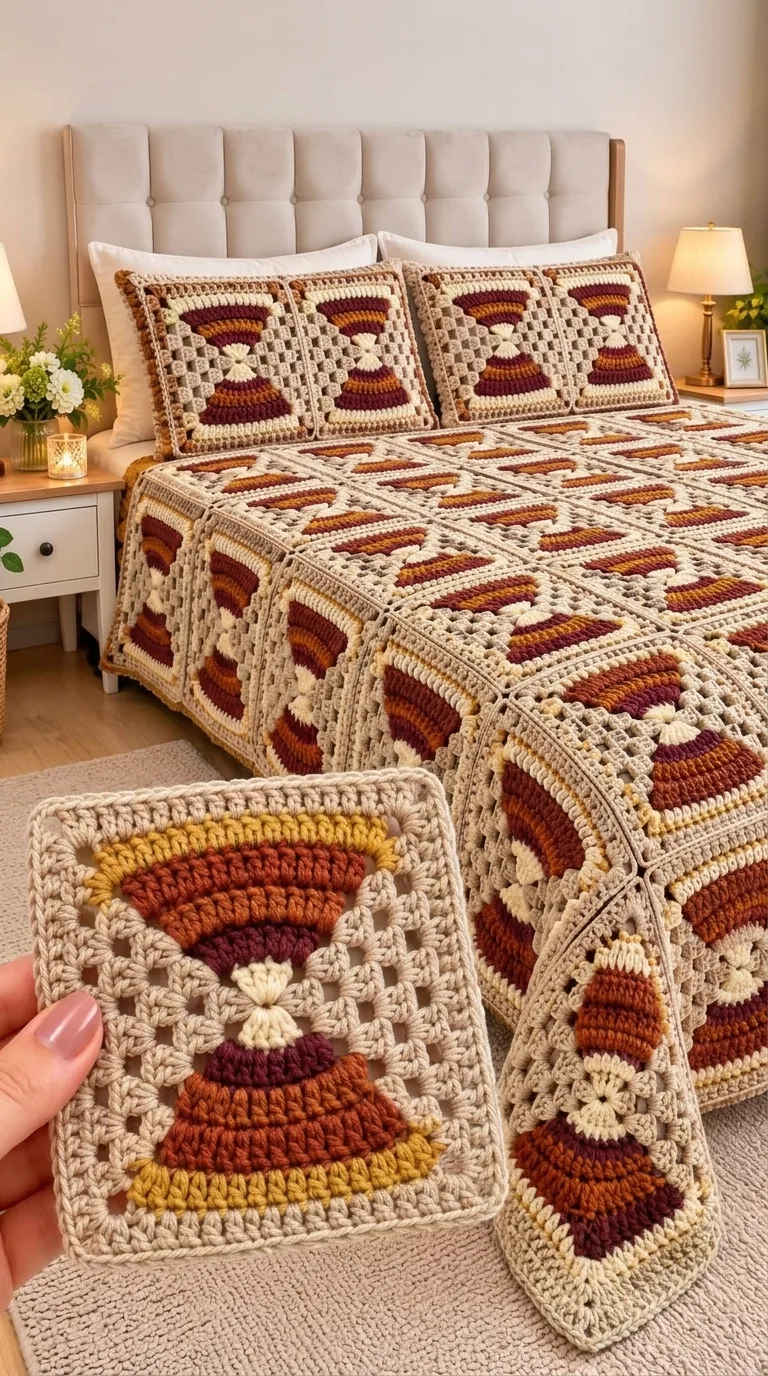 Burgundy and Mustard Hourglass Bedspread in burgundy, mustard, rust and cream