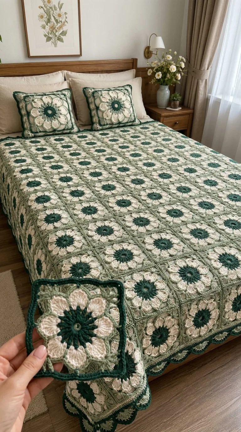 Forest Green Daisy Bedspread in forest green, sage and ivory