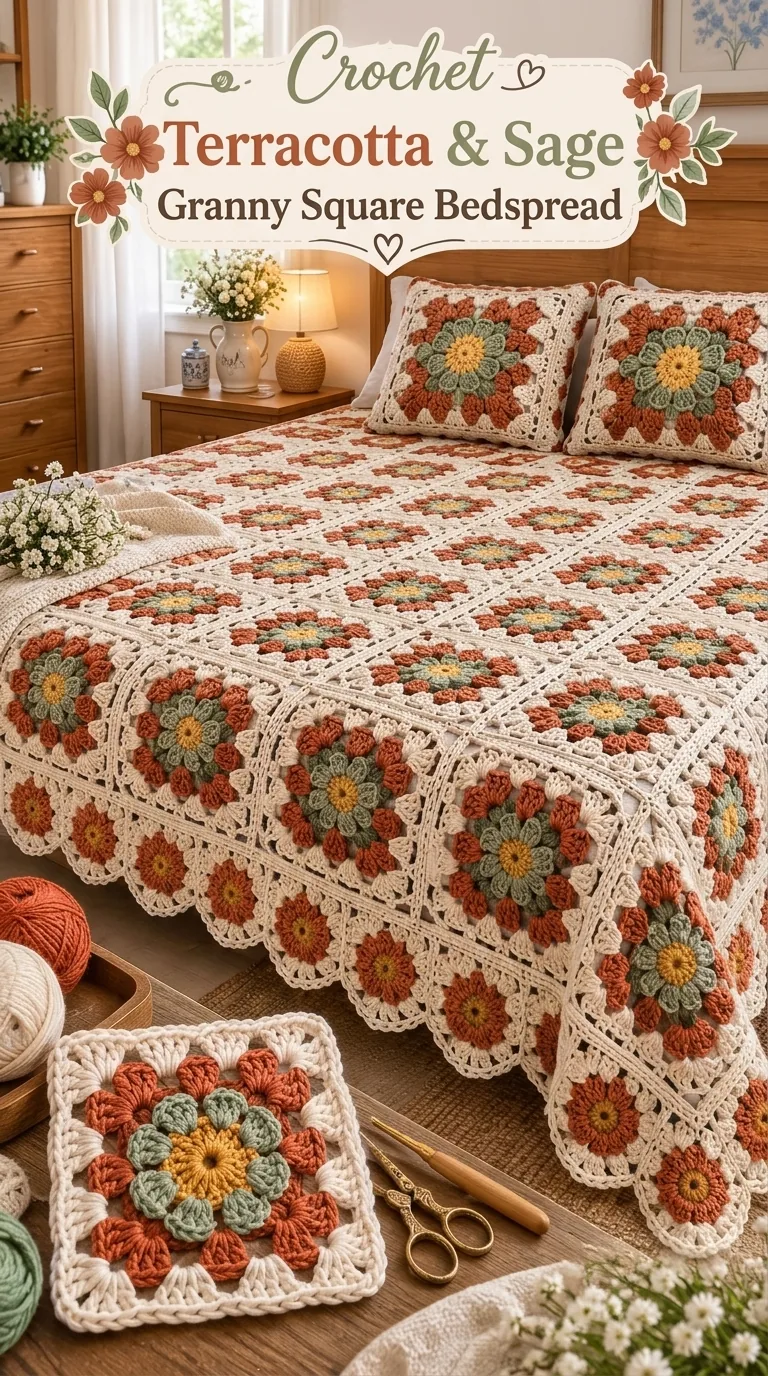 Terracotta and Sage Flower Bedspread in terracotta, rust, sage and cream