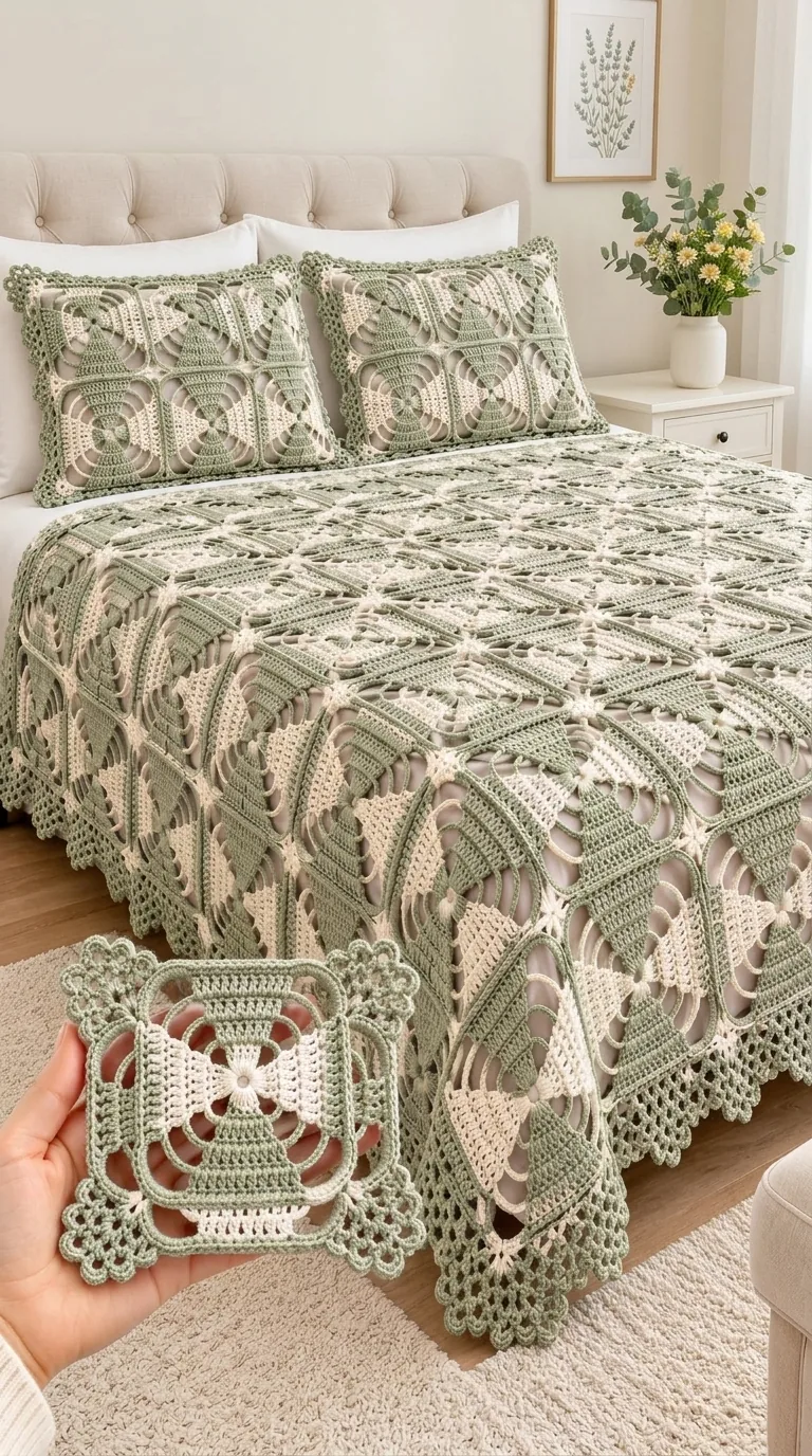 Sage Leaf-Panel Bedspread in sage, moss and ivory