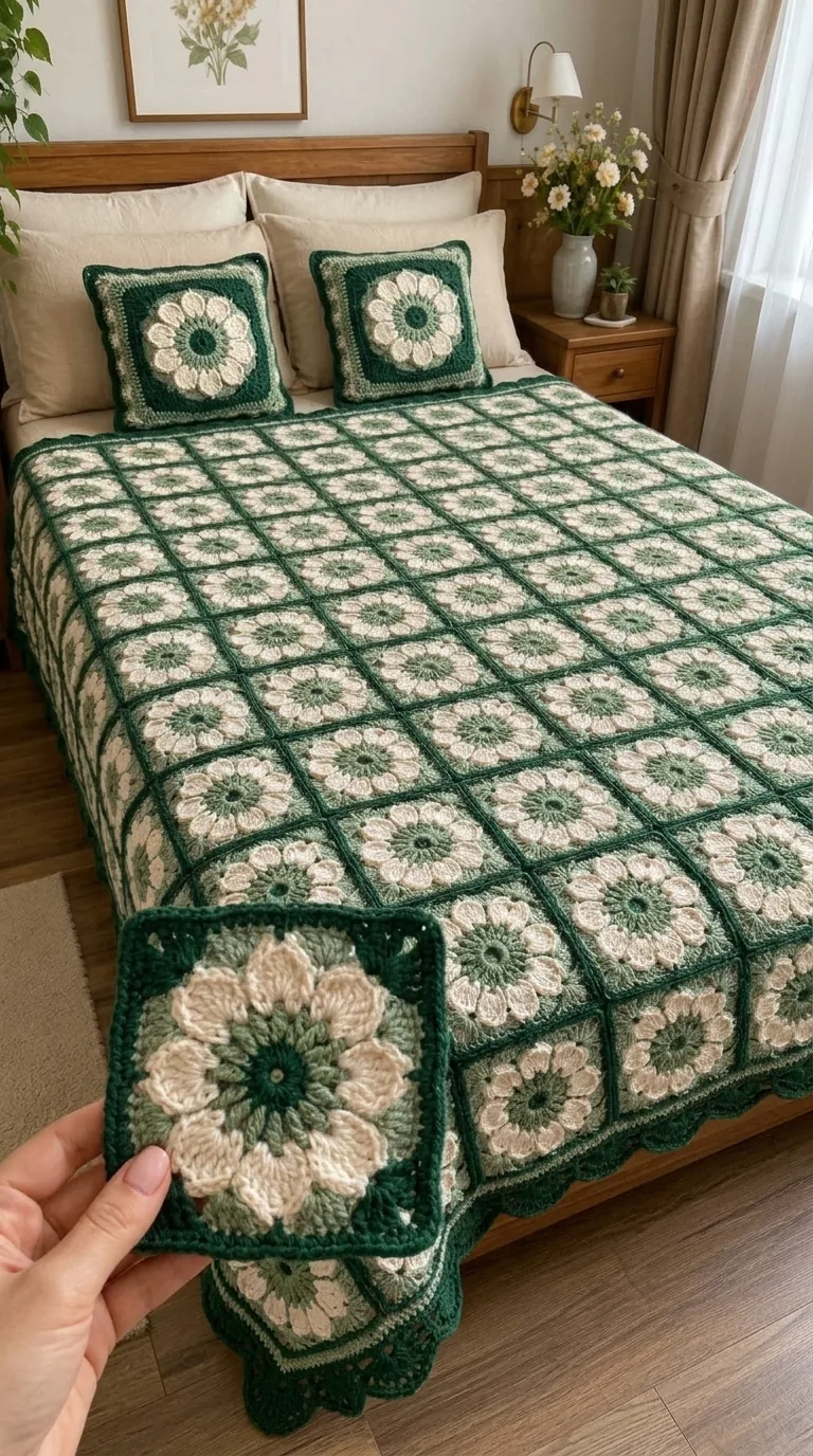 Green Daisy Bedspread - Deep Frame Variation in deep green, sage and ivory