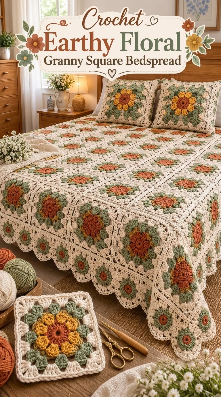 Earthy Floral Granny Bedspread in terracotta, gold, olive and cream