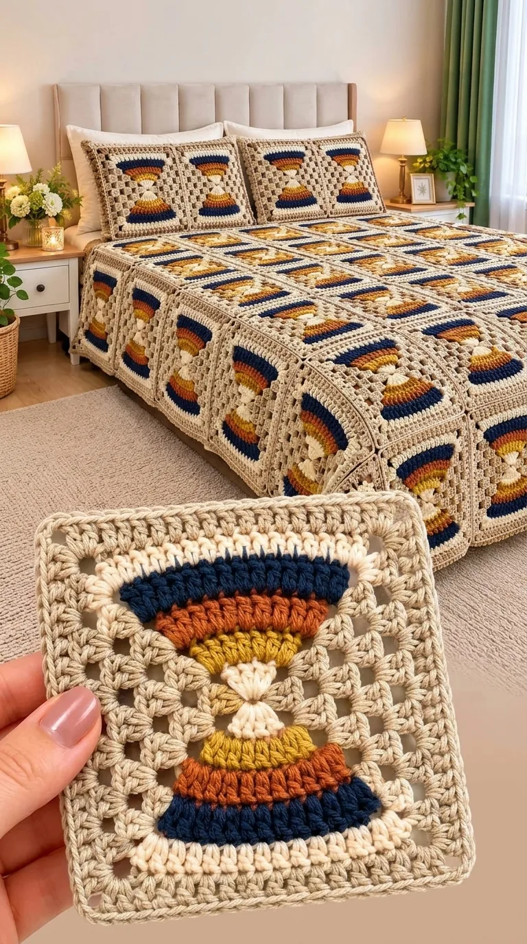Navy and Mustard Hourglass Bedspread in navy, gold, rust and cream