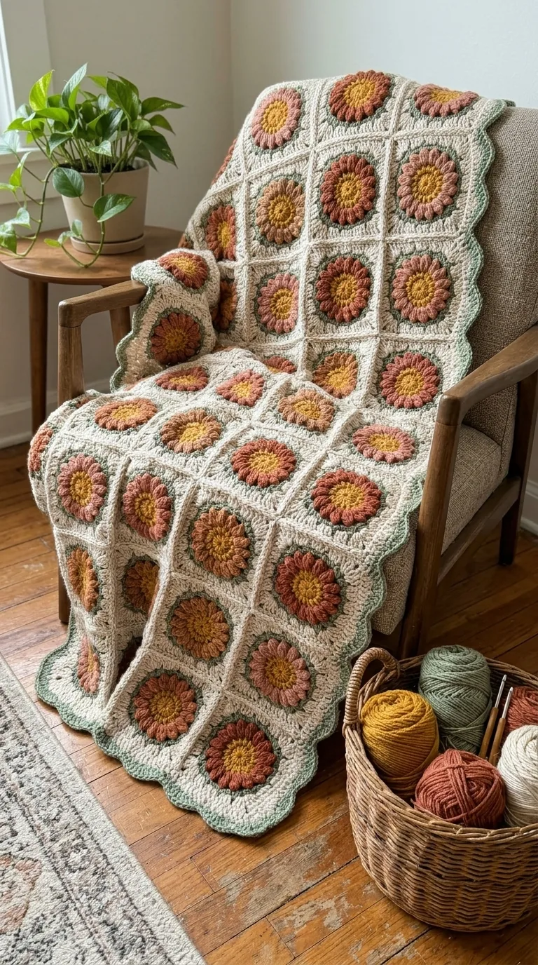 Sunflower-Square Throw with Cream Border in gold, brown, sage and cream