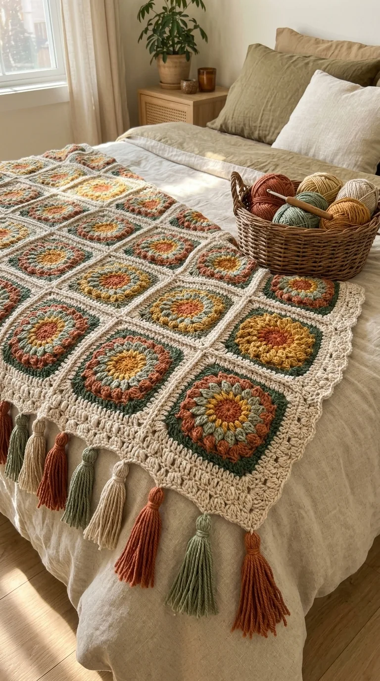 Muted Sunflower Patchwork Bedspread in ochre, brown, sage and cream