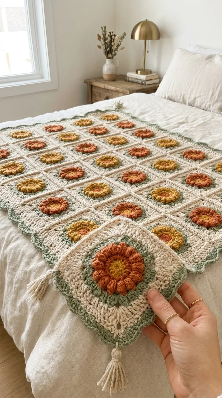 Golden Flower Squares with Sage Frames in gold, rust, sage and ivory