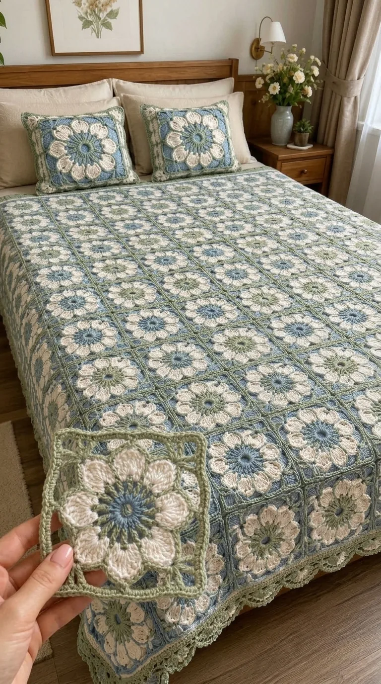 Blue-Gray Layered Flower Bedspread in blue-gray, sage and cream