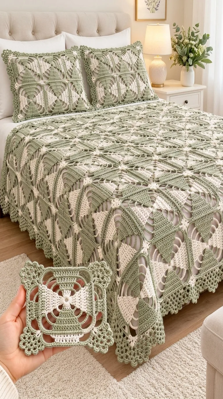 Soft Sage Leaf Bedspread in sage and cream