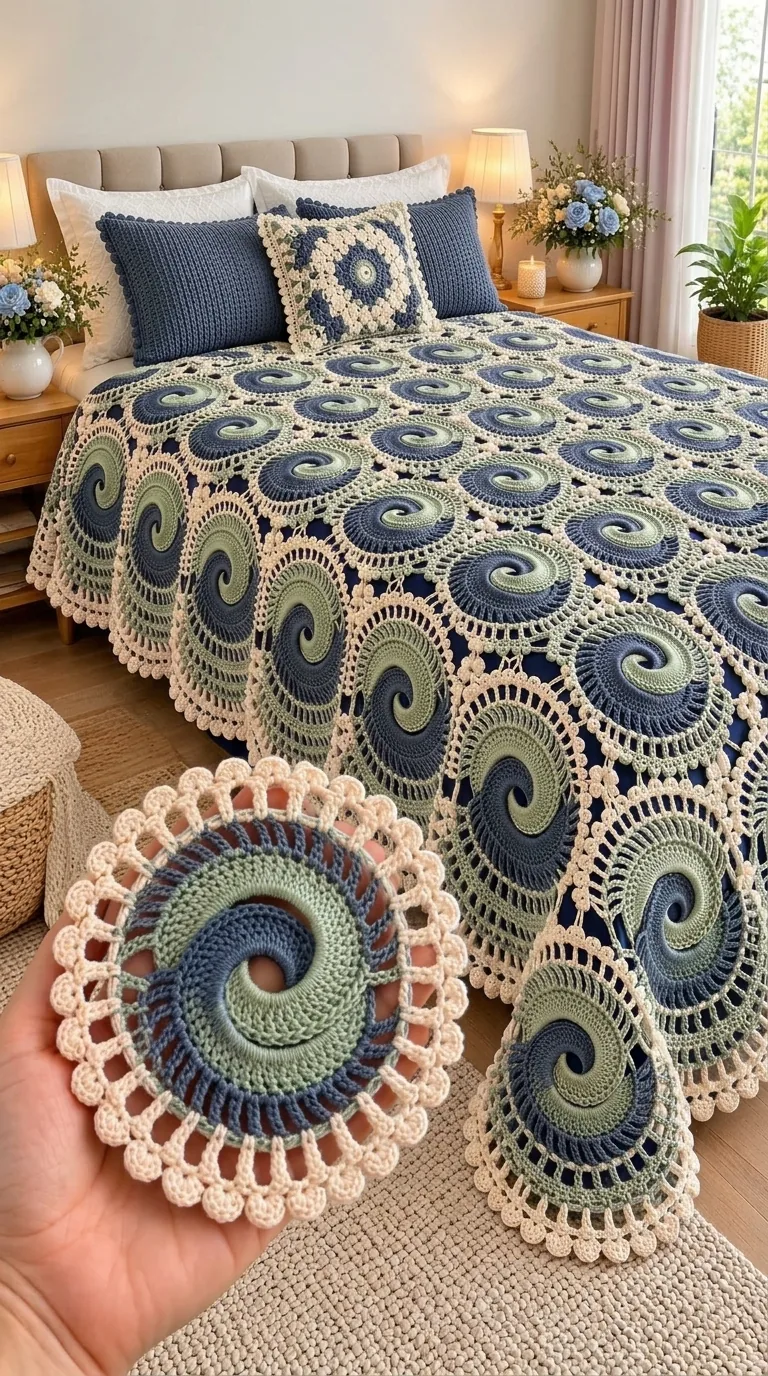 Navy and Sage Spiral Bedspread in navy, sage, pale blue and cream