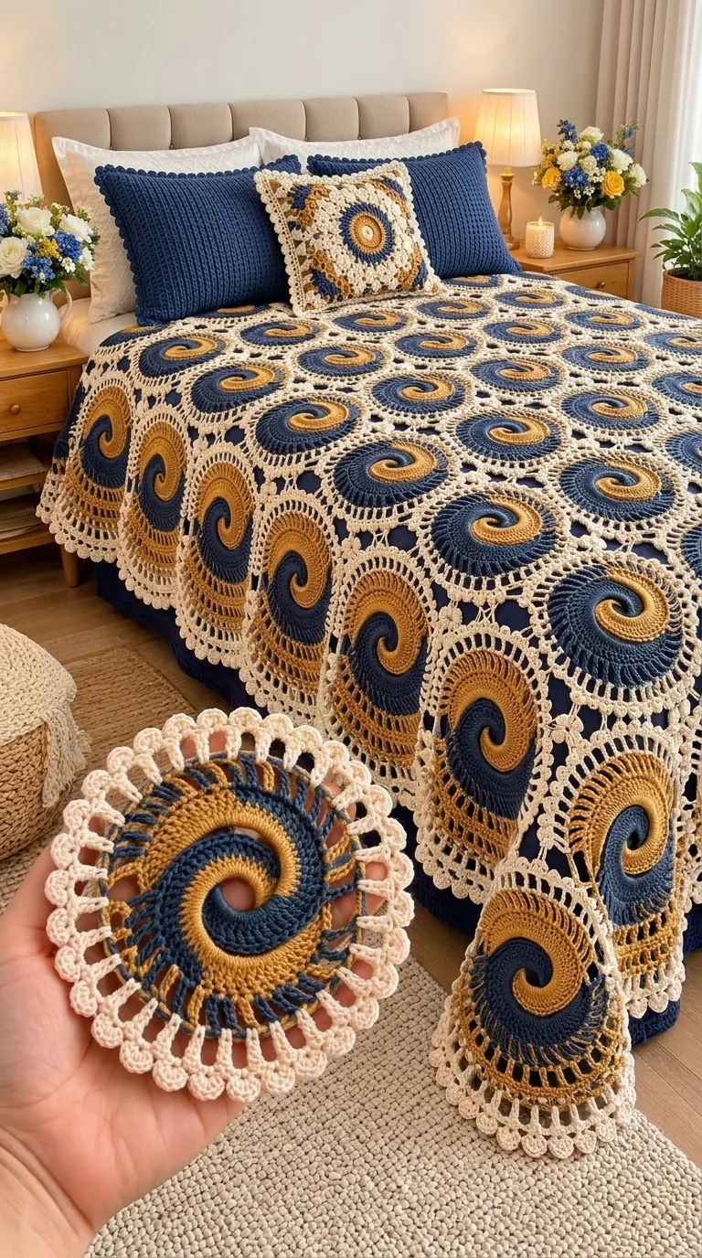 Navy and Gold Spiral Bedspread in navy, gold, rust and cream
