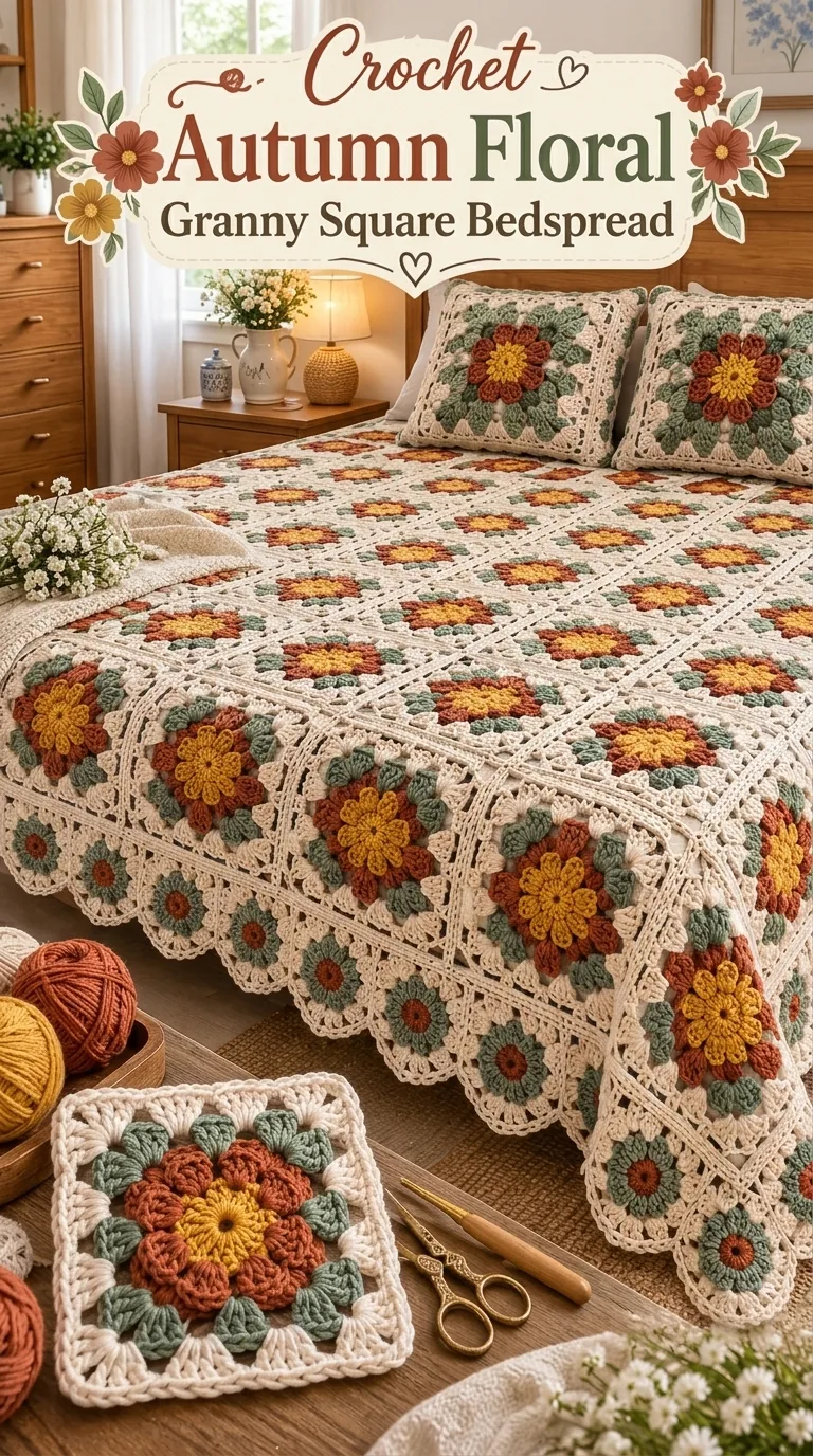 Autumn Floral Bedspread with Olive Leaves in rust, gold, olive and cream