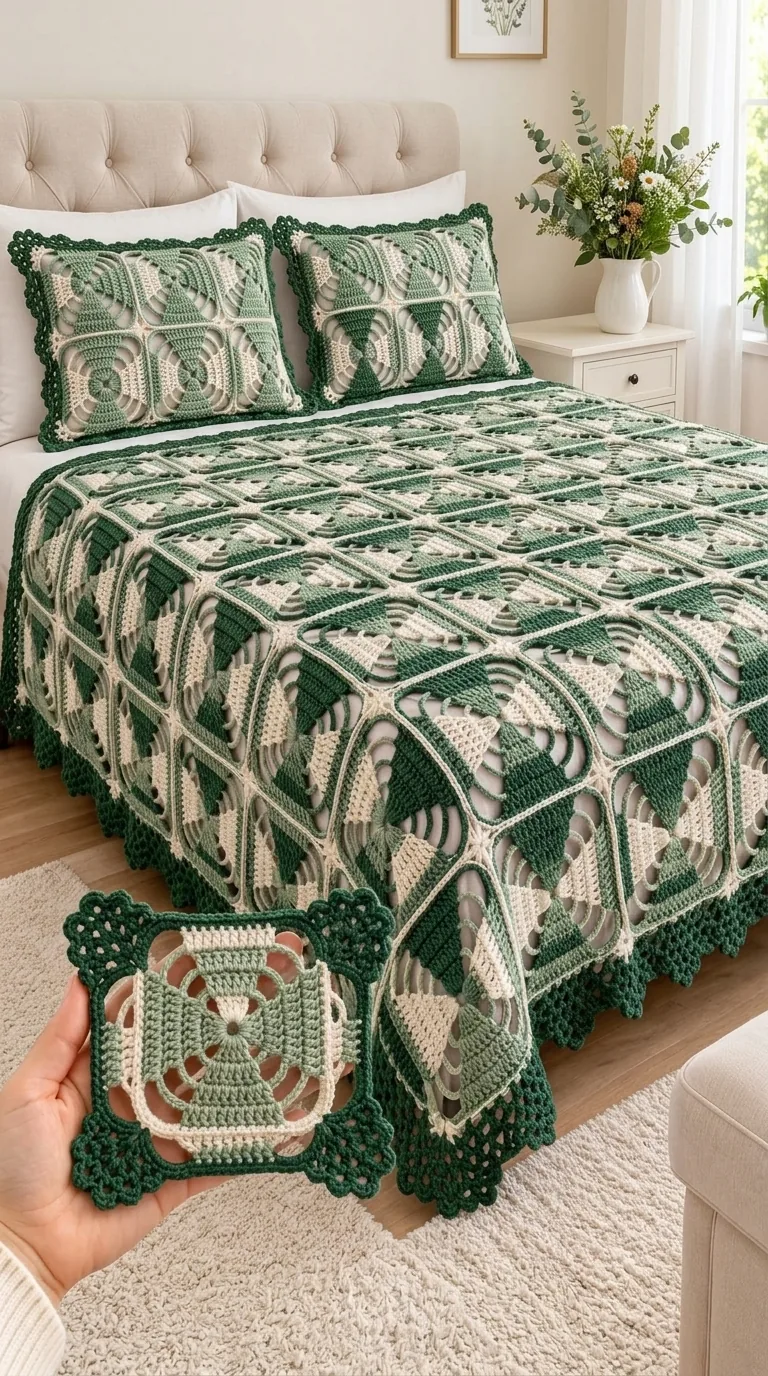 Emerald Leaf-Panel Bedspread in emerald, sage and ivory