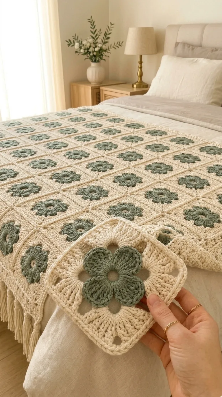 Sage Flower and Ivory Frame Bedspread in sage, gray and ivory