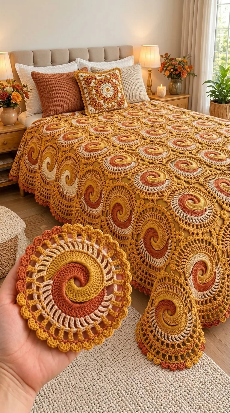 Amber and Gold Spiral Bedspread in amber, gold, ochre and cream