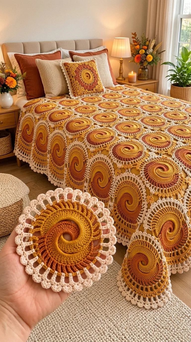 Golden Spiral Bedspread - Close View in gold, amber and cream