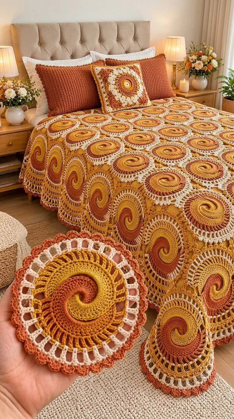 Mustard Spiral Medallion Bedspread in mustard, ochre, rust and cream