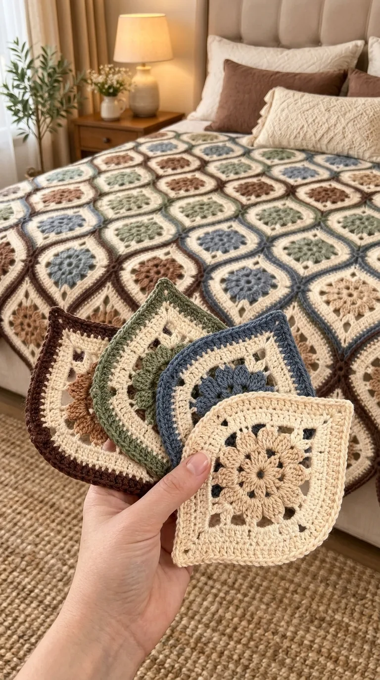 Blue and Cocoa Diamond-Motif Bedspread in blue, sage, cocoa and cream