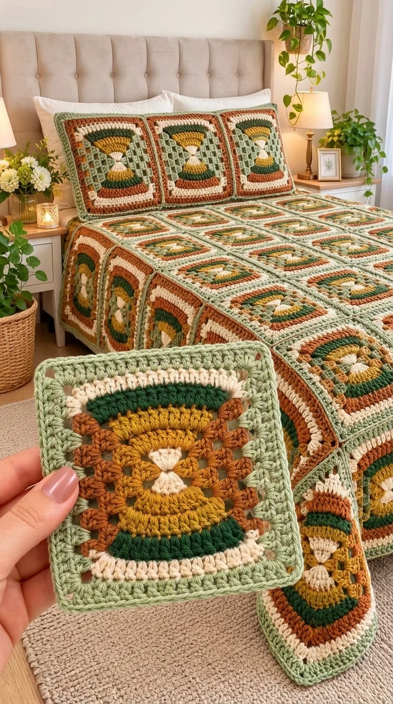 Sage and Ochre Hourglass Bedspread in sage, ochre, rust and cream
