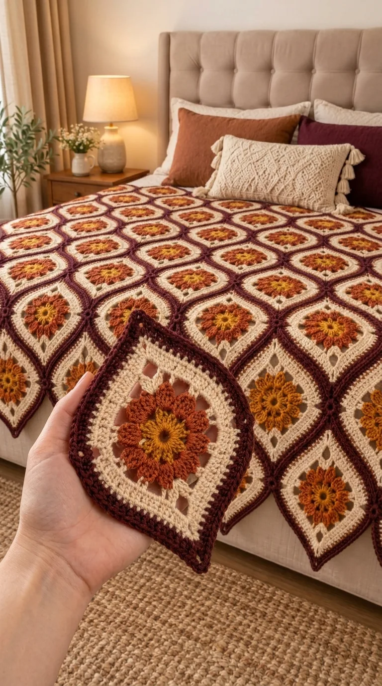 Autumn Diamond Flower Bedspread in rust, gold, cocoa and cream