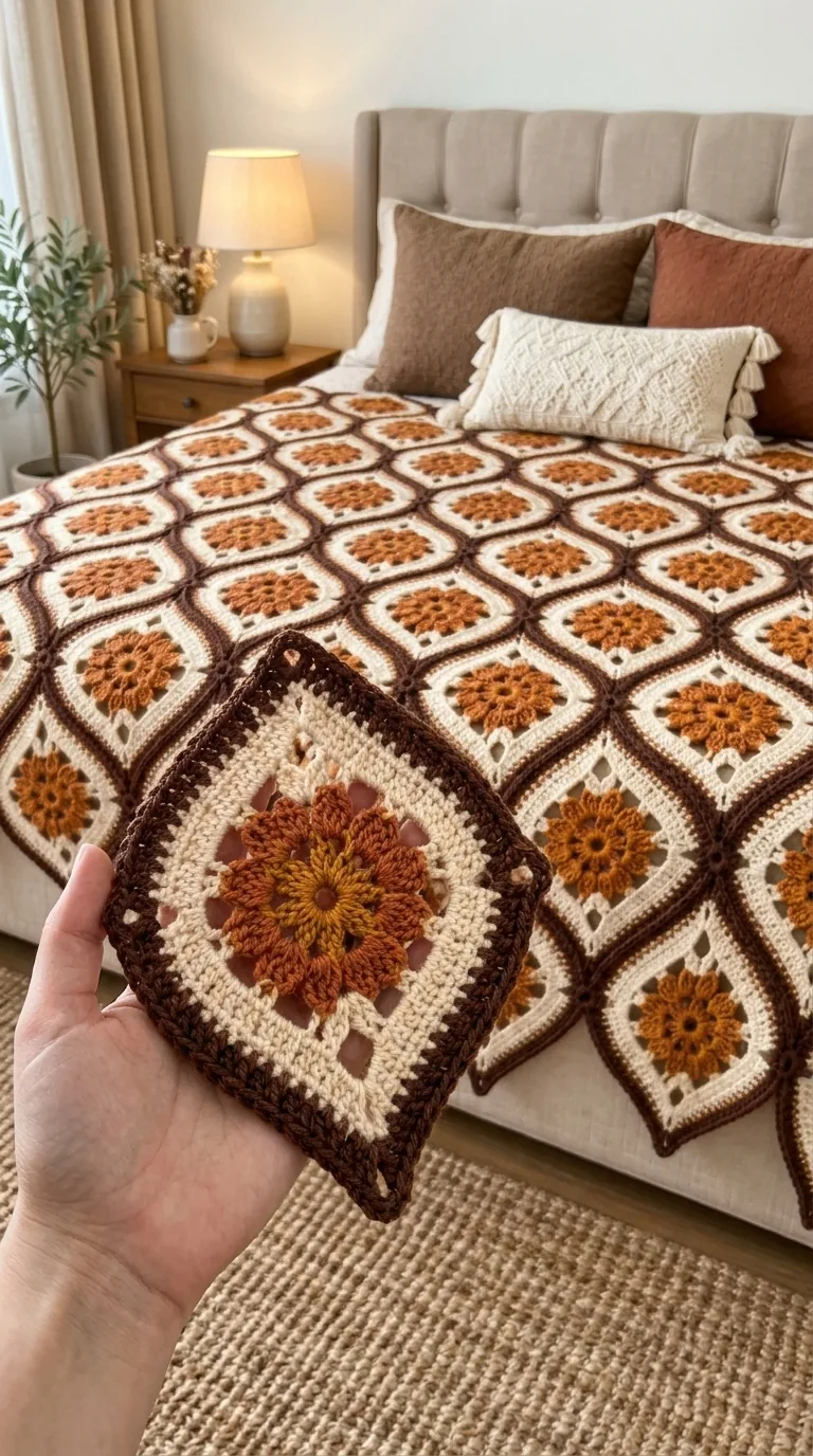 Rust Diamond Flower Bedspread - Detail View in rust, gold, cocoa and cream