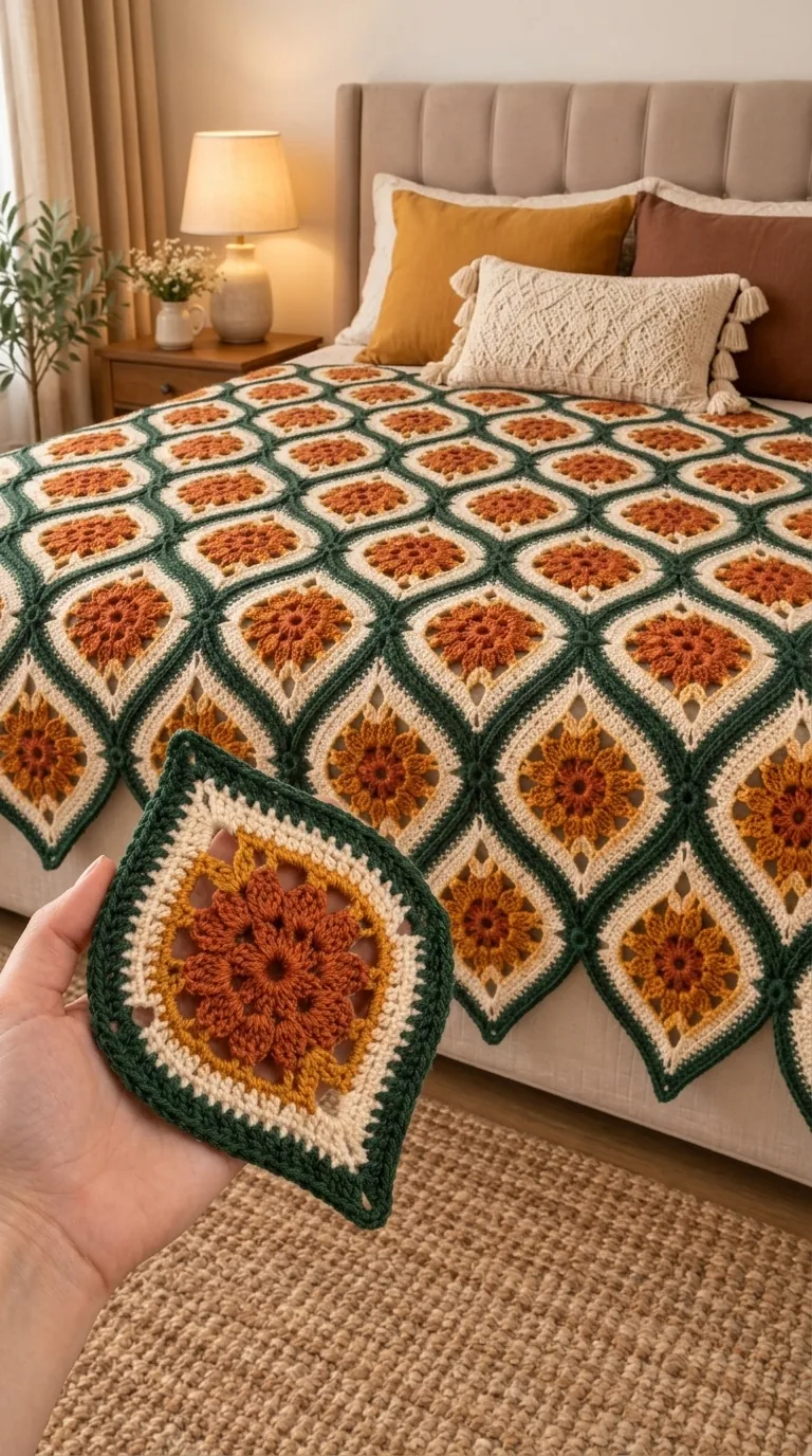 Forest and Rust Diamond Bedspread in forest green, rust, gold and cream