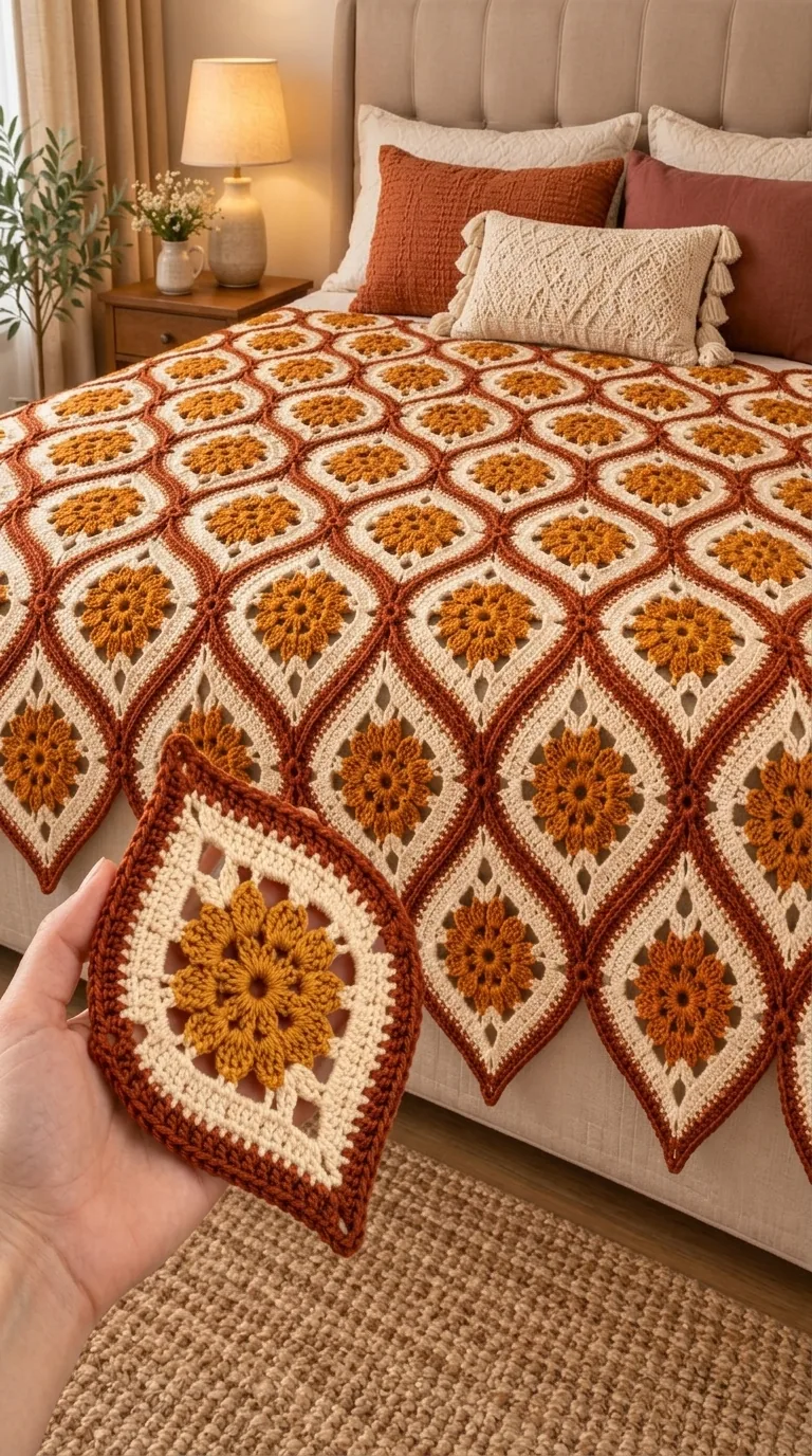 Ochre and Terracotta Diamond Bedspread in ochre, terracotta and cream