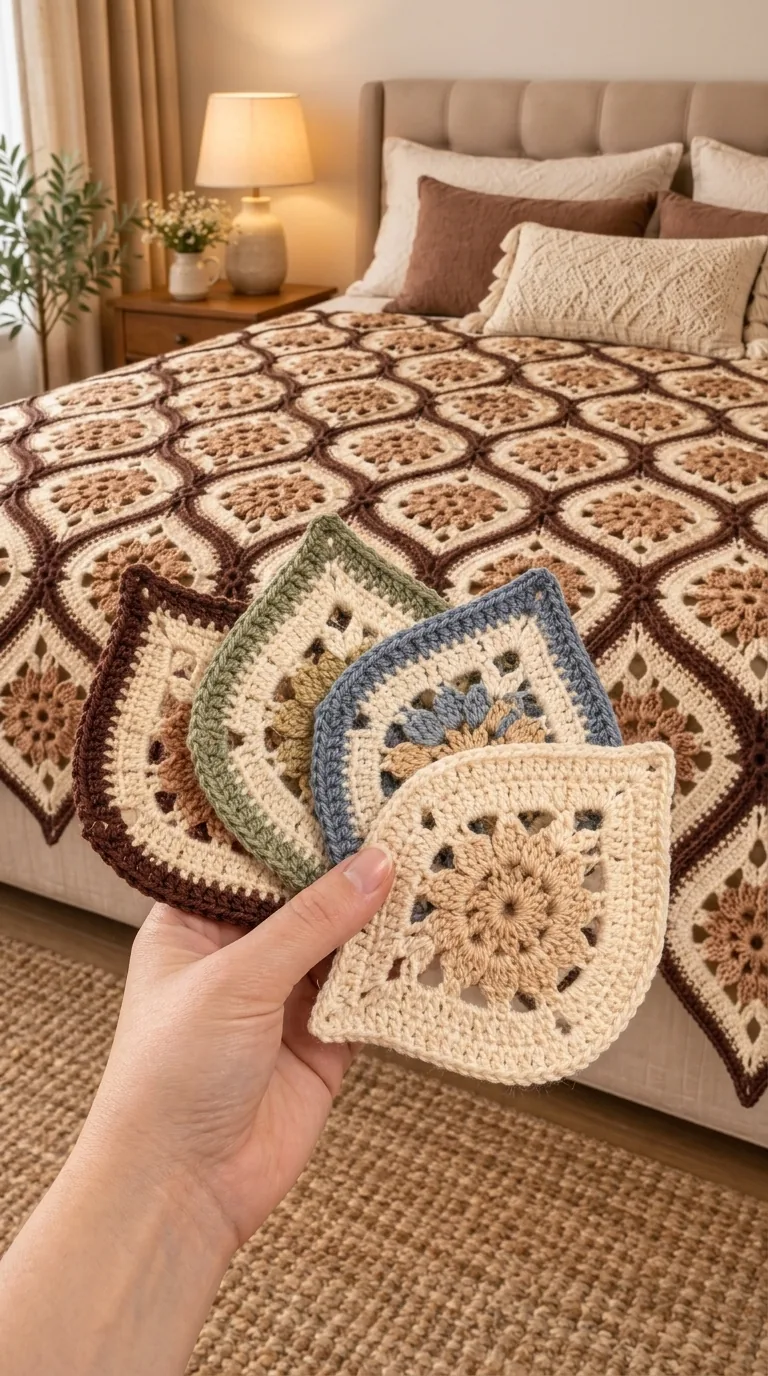 Earth and Denim Diamond Bedspread in cocoa, denim, sage and cream