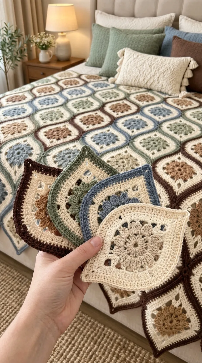 Muted Diamond Bedspread - Palette Detail in denim, sage, cocoa and cream