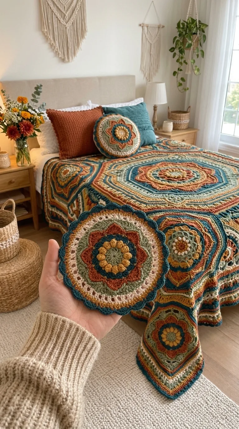 Large Octagon Medallion Bed Cover in rust, teal, gold, brown and cream