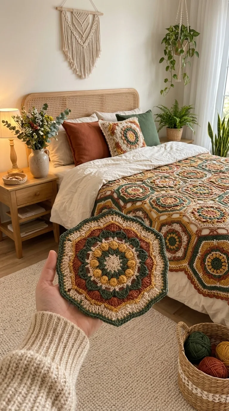 Earth-Tone Octagon Medallion Throw in sage, rust, gold, cocoa and cream
