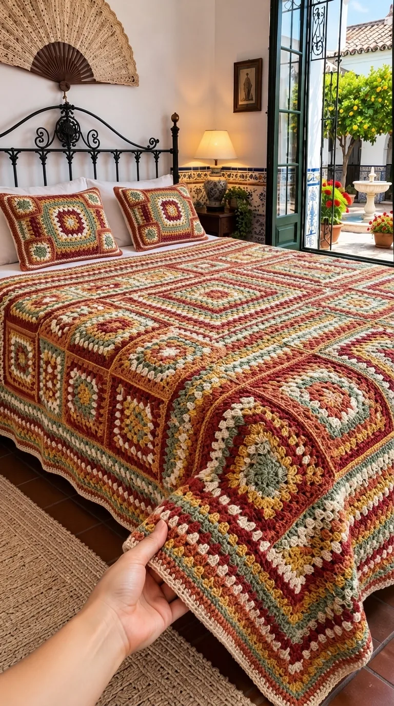 Rust and Olive Granny Bedspread in rust, olive, gold and cream