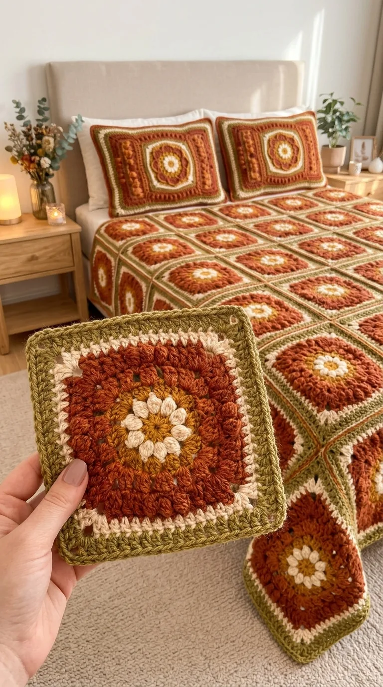 Burgundy Granny Squares with Olive Edges in burgundy, rust, olive and cream