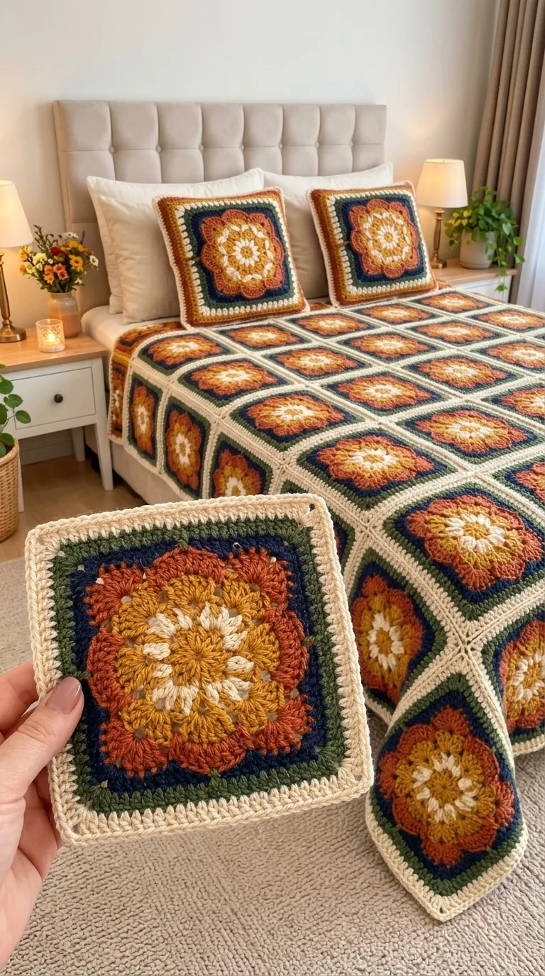 Navy and Gold Granny-Square Bedspread in navy, rust, gold and cream