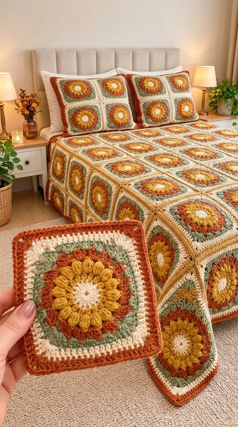Orange Layered-Flower Square Bedspread in orange, gold, sage and ivory