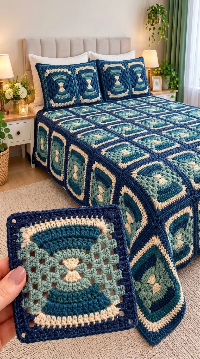 Navy and Sage Hourglass Bedspread in navy, sage, pale blue and ivory